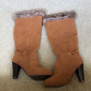 Tall Faux Suede & Fur Top w/Side Zipper and Braided  Detail Boot - 8.5